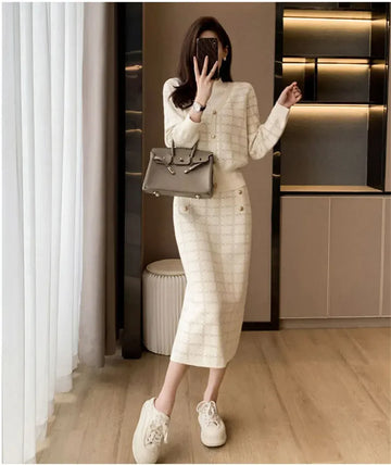 Getadme Elegant Half Turtleneck Plaid Sweaters Tops+slim High Waist Knitwear Skirts 2 Piece Sets Women New Streetwear Pullover Tracksuit